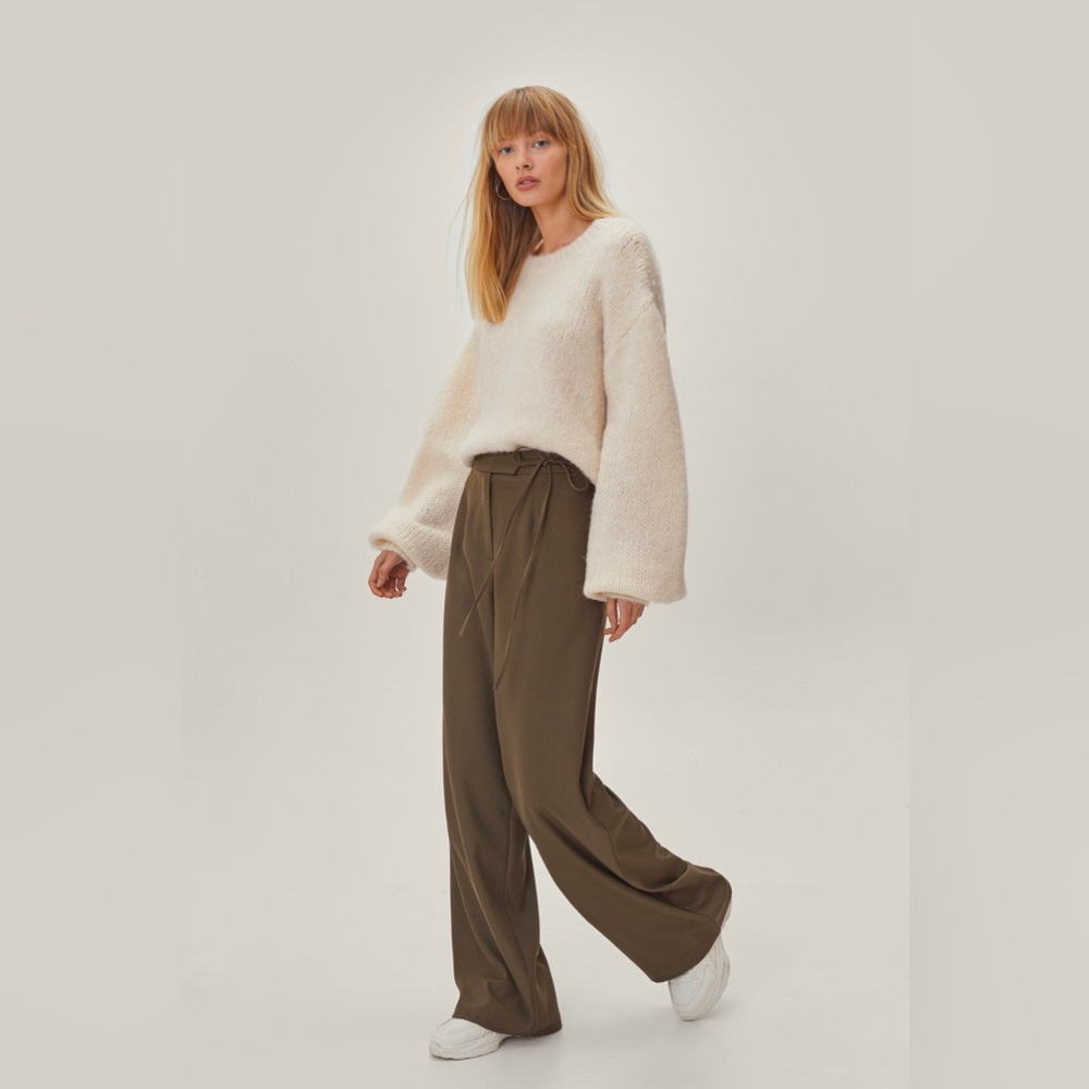 Nasty Gal Tie Waist Tailored Wide Leg Pants olive green/khaki
